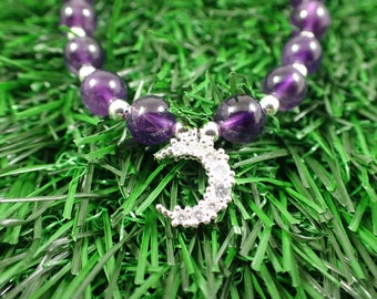 One Purple Amethyst Moon Crystal Bracelet - 10mm Moon Charm - 6mm Amethyst Round Beads - Purple Amethyst Silver Metal Bracelet #JEWEL#1307