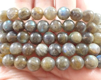 One Blue Flash Labradorite Crystal Bracelet - 8-9mm Smooth Round Beads - Green Blue - Natural Labradorite Bead Bracelet - #BRCLT#1003