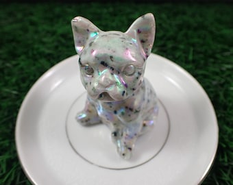 Adorable French Bulldog Crystal - Dalmatian Jasper Aura Finish - Sitting Shiny Dog Carving - 2.25 Inch Crystal Dog - Bullie Dog #ANMLS#1138