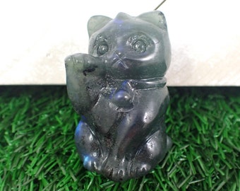 1 Piece Flashy Blue Labradorite Money Cat - Fortune Cat Crystal Carving - Gray Blue Waving Cat - 2 Inches Labradorite Cat Carving ANMLS#1185