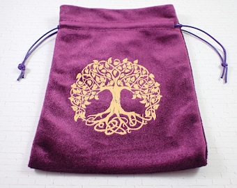 1 Piece Purple Fabric Crystal Pouch - Gold Tree of Life Bag - Purple Velvet Gold Print Tarot Card Bag - 7x5 Inch Single Sided #POUCH#1021