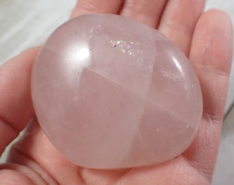 Rainbow Flash Natural Rose Quartz Crystal Palm Stone - Pink Opaque Gallet - Medium Palmstone - Smooth Crystal Oval Palm Stone #PALMS#1165