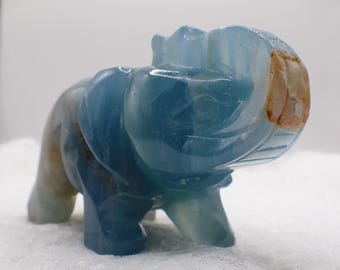 Natural Blue Onyx Elephant Crystal - Blue White Brown Elephant Figurine - 4.25 Inch Large Standing Elephant Crystal - Blue Onyx #ANMLS#1267