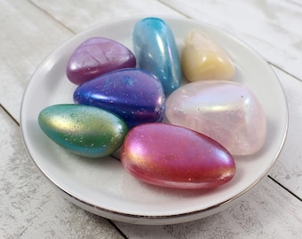 7 Pcs Aura Quartz Tumbled Crystal Stones - 7 Colors Rounded Smooth - Aura Quartz Opaque Crystal Stones - Rainbow AB Finish Quartz TUMBL#1049