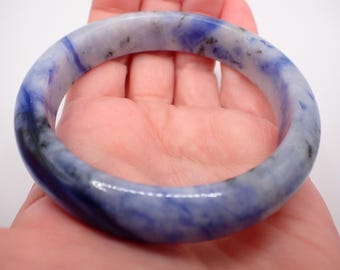 61.7mm Blue Sodalite Crystal Bangle Bracelet - Thick Smooth Polished Bracelet - Flat Inside - Blue White Crystal Bangle Bracelet #JEWEL#1768