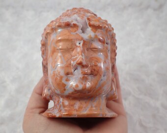 Natural Pink Druzy Agate Crystal Buddha Head - Pink White Gray Statue - Heavy Buddha 4 Inch Crystal Carving - Pink Buddha Druzy  #SKULL#1043