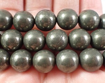 One Dark Gold Pyrite Crystal Bead Bracelet - 9mm Smooth Round Beads - Dark Gold Shiny Beads - Natural Pyrite Crystal Bracelet - #BRCLT#1100