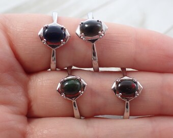 1 Piece Adjustable Black Opal Crystal Ring - Dark Flashy Crystals Silver Band - Natural Black Opal Crystal - Green Red Flash #RINGS#1036