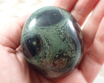1 Piece Natural Kambaba Jasper Crystal Palm Stone - Shiny Dark Green Black Gallet Stone - Small Thick Smooth Polished Kambaba #PALMS#1017