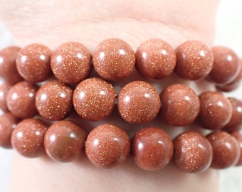 One Gold Sandstone Crystal Bracelet - 10mm Smooth Round Beads - Gold Sparkly Crystal Beads - Golden Brown Sandstone Bracelet - #BRCLT#1011