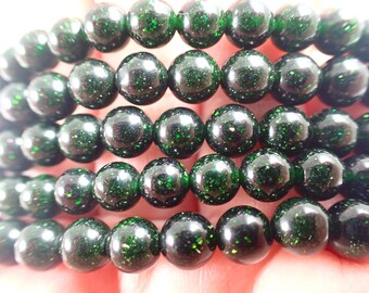 One Green Sandstone Crystal Bracelet - 6mm Smooth Round Beads - Green Sparkly Crystal Beads - Dark Green Sandstone Bracelet #BRCLT#1208