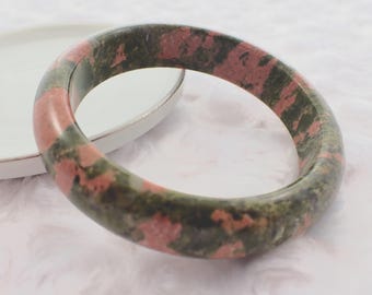 58.4mm Unakite Crystal Bangle Bracelet - Smooth Polished Bangle - Natural Green Pink Unakite Crystal Bracelet - Thick No Chips #JEWEL#1159