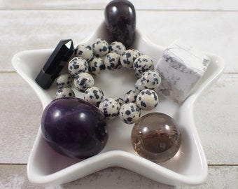 Capricorn Crystal Bowl Set - All Pieces Included - White Glass Bowl - Smoky Quartz Sphere - Dalmatian Jasper Bracelet - Fluorite Black Tourm