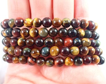 Awesome Mixed Tiger Eye Jasper Crystal Bracelet - 6mm Smooth Round Beads - Brown Yellow Blue Red Tiger Eye Beads #BRCLT#1204
