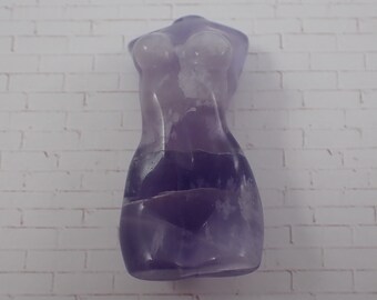 1 Piece Natural Fluorite Crystal Carving - Woman Body Purple Banding - Shiny Polished Female Body Carving - Purple White Curvy #BDIES#1017