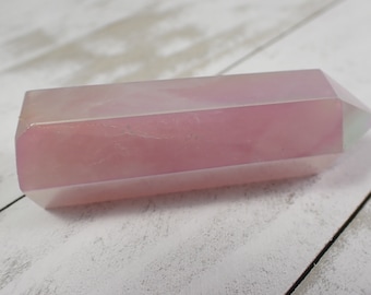 Short Aura Rose Quartz Crystal Tower - Pink Faceted AB Rainbow Finish - 2.75 Inch Rose Quartz Faceted Tower - Aura Finish Crystal TOWER#1109