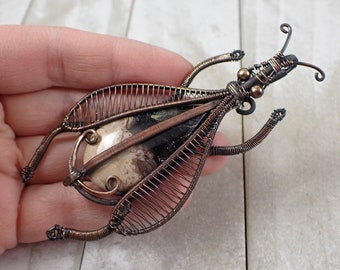 Awesome Large Wire Wrapped Cabochon Insect - Fossilized Palm Root Crystal - Copper Color Wire - Handmade 3.75 Inch Insect Bug #ACSRY#1008