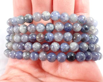 One Blue Iolite Crystal Bracelet - 6mm Smooth Round Beads - Blue Gray Crystal Beads - Natural Blue Gray Iolite Bracelet - #BRCLT#1196