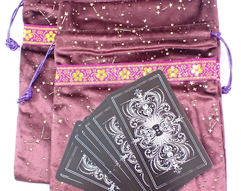 Beautiful Purple Gold Silk Fabric Crystal Pouch - Purple Wine Gold Bag - Gold Shooting Stars Purple Tarot Card Bag 8.5x6.5 Inch #POUCH#1059