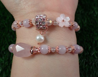 One Pink Rose Quartz Crystal Beaded Bracelet - 6-7mm Smooth Round Beads - Pink Rose Gold Opaque - Natural Pink Rose Quartz Beads #JEWEL#1025