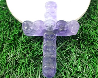 Purple Green Fluorite Crystal Skull Cross - Crystal Carving Skulls on Cross - 2.75 Inch Cross Carving - Crystal Skull Cross #CRVNG#1835
