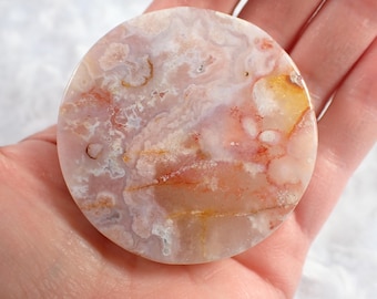 Pretty Flower Agate Crystal Slab - Thick Round Pink Orange White Crystal - 2.25 Inch Flower Agate Crystal Slab #SLABS#1053