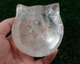Large Cat Shaped Clear Quartz Crystal Bowl - Rainbow Flash Smooth Polished Cat Head Bowl - Tray for Crystals - 3.5 Inches Quartz #BOWLS#1097