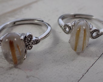1 Piece Adjustable Rutilated Quartz Crystal Ring - Stainless Steel Silver Band - Large Gold Rutile Quartz Cabochon - Natural Cab #RINGS#1021