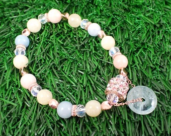 One Morganite Aquamarine Crystal Beaded Bracelet - 8mm Smooth Round Beads - Pink Blue Rose Gold Metal - Round Donut Bead Bracelet JEWEL#1017