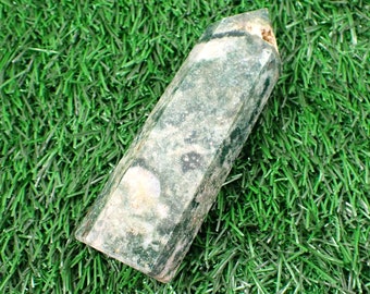 1 Piece Moss Agate Crystal Tower - Green White Thick Faceted Tower - 4 Inch Natural Moss Agate Crystal Tower - Sparkly Tower #TOWER#1053