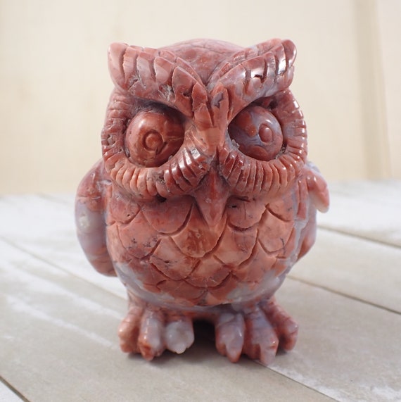 Large Pink Druzy Agate Crystal Owl Carving - Standing Owl Pink Red