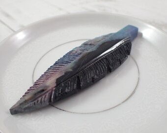 Gorgeous Crystal Feather Carving - Dyed Fossilized Palm Root Feather - Black Blue Purple - 3.25 Inch Long Feather Crystal Carving CRVNG#2091