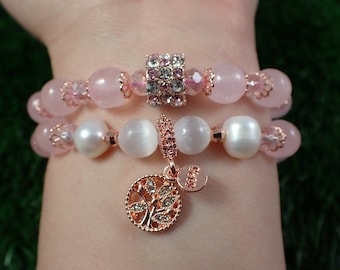 One Crystal Rose Quartz Tree Charm Beaded Bracelet - Rose Gold Metal - Selenite Pearl Rose Quartz - Natural Crystal Bead Bracelet JEWEL#1028