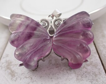 Amazing Natural Fluorite Crystal Butterfly - Clear Purple Crystal - Silver Butterfly Frame - 1.5 Inch Purple Butterfly Pendant #PNDNT#1091