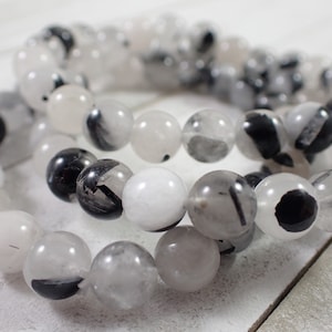 One Black Tourmaline Quartz Crystal Bracelet - 8mm Smooth Round Beads - White Quartz Black Tourmaline Crystals - Bead Bracelet - #BRCLT#1012