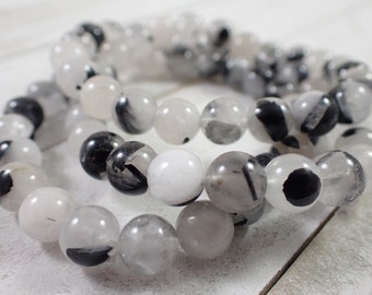 One Black Tourmaline Quartz Crystal Bracelet - 8mm Smooth Round Beads - White Quartz Black Tourmaline Crystals - Bead Bracelet - #BRCLT#1012