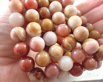 One Pink Wood Jade Crystal Bracelet - 10mm Smooth Round Beads - Pink Tan Brown - Natural Pink Wood Jade Crystal Bead Bracelet - #BRCLT#1006