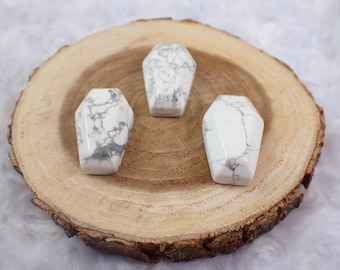 Small White Howlite Crystal Coffin Carving - Coffin Shaped Crystal Beveled Edge - White Gray Halloween Crystal Coffin Carving #MINIS#1148