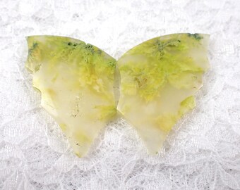 Gorgeous Sparkly 2 Piece Butterfly Cabochon - Yellow Green Partially Translucent - 2.75 Inch Butterfly Dyed Moss Agate - Yellow #CBCHN#1076