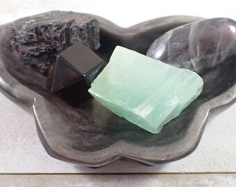 Positive Vibes Protection Crystal Bowl Set - All Pieces Included - Obsidian Butterfly Bowl Calcite Labradorite Smoky Quartz Black Tourmaline