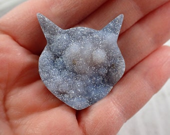 Black Druzy Agate Crystal Cat Carving - Black Textured Cat Head Crystal - Dyed Black Druzy Agate - 1.5 Inch Black Cat Sugar Head #ANMLS#1153