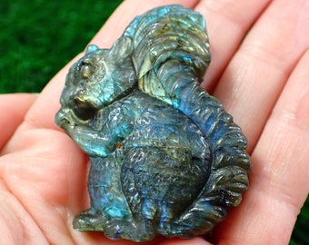 Blue Green Flashy Labradorite Squirrel Crystal - Textured Labradorite Crystal - 2 Inch Squirrel Animal Carving - Labradorite #ANMLS#1046