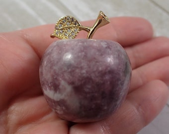 1 Piece Natural Pink Tourmaline Crystal Apple - Shiny Polished Apple - Gold Metal Leaf Rhinestones - 41x33mm Purple Crystal Apple CRVNG#1383