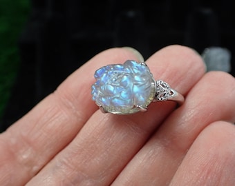 Adjustable Flashy Labradorite Floral Crystal Ring - Thin Silver Band - Butterfly or Twist Design - Natural Labradorite Ring #RINGS#1066
