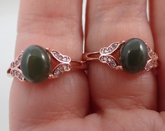 1 Piece Adjustable Green Jade Crystal Ring - Jade Green Rose Gold Butterfly Band - Natural Crystal - Oval Cab Butterfly Ring #RINGS#1008