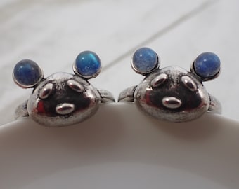 1 Piece Adjustable Labradorite Crystal Ring - Silver Panda Bear Ring - Round Labradorite Mini Sphere - Silver Panda Adjustable #RINGS#1030