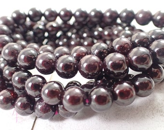 One Natural Red Garnet Crystal Bracelet - 6mm Smooth Round Beads - Deep Garnet Red - Natural Garnet Crystal Beaded Bracelet - #BRCLT#1030