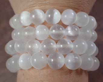 One Natural Selenite Crystal Beaded Bracelet - 10mm Smooth Round Beads - White Selenite Charging Crystal Natural Bead Bracelet #BRCLT#1098