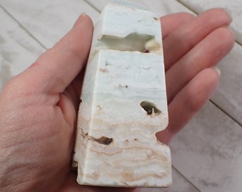 1 Piece Natural Aragonite Crystal Tower - Smooth Square Light Aqua Blue Beige - 3.75 Inches Aqua Aragonite Square Textured Tower #TOWER#1204