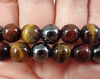 One Hematite Tiger Eye Jasper Crystal Bracelet - 8mm Smooth Round Beads - Red Gold Silver - Natural Tiger Eye Bead Bracelet - #BRCLT#1095